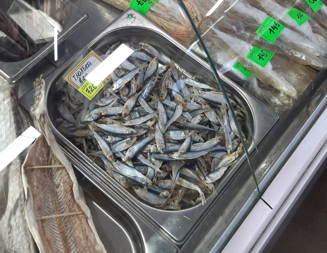 Dried tyulka (Clupeonella), a food shop in Novosibirsky District of Novosibirsk Oblast.. Фото: К.Артём.1 / CC…
