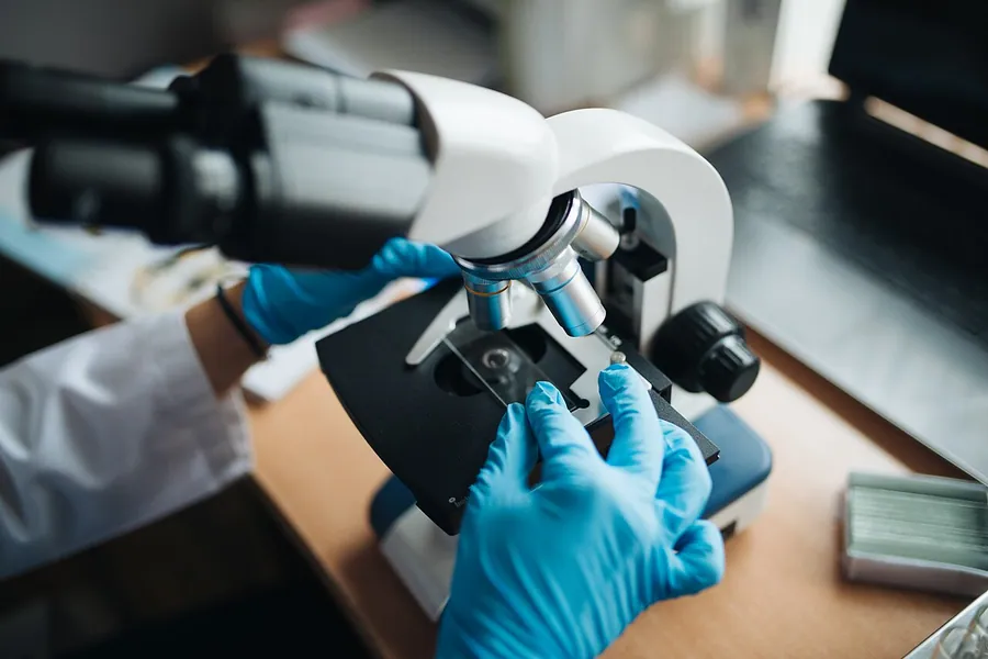 Close-up of a lab technitian adjusting a microscope glass slide. Фото: Shixart1985 / CC BY 2.0, via Wikimedia…