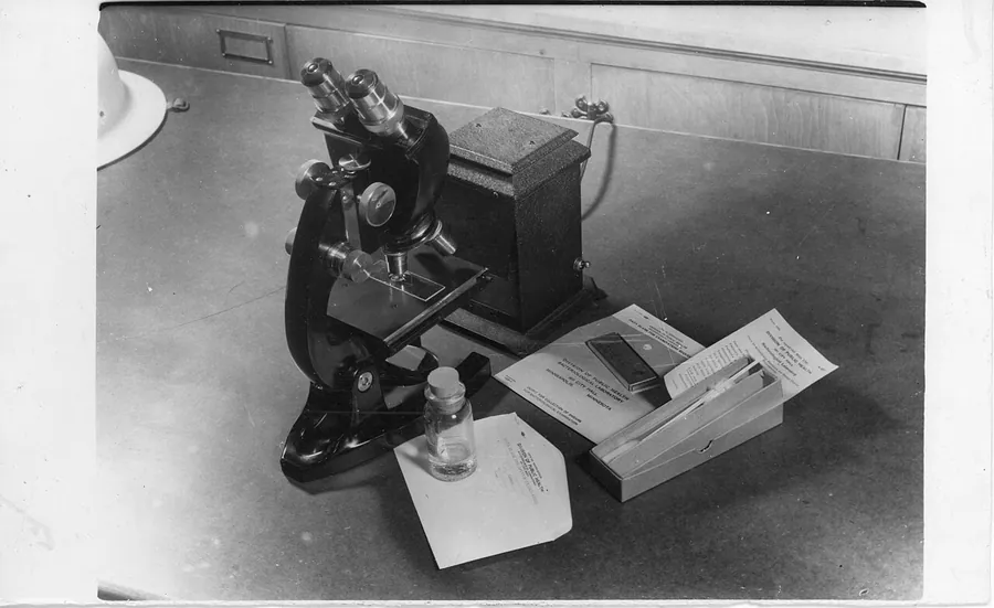 Light microscope in the bacteriological laboratory, 401 Minneapolis City Hall. Minneapolis Health Department…