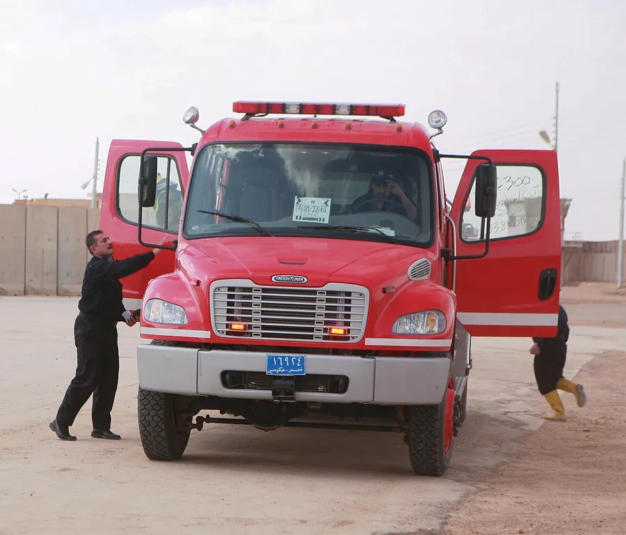 Iraqi firefighters respond to a simulated fire during a validation operation at Port of Entry Husaybah, Iraq…